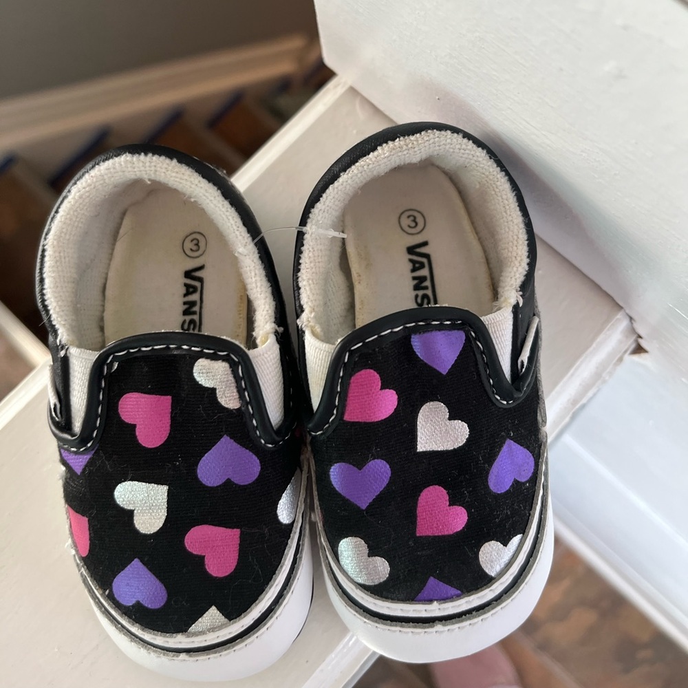Vans Kids Slip-On Sneakers with Pink Purple and White Hearts
